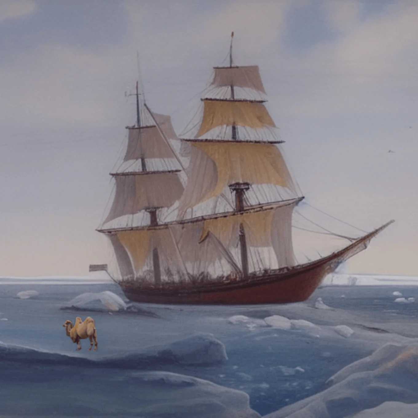 A ship with sails near ice; a camel on ice.