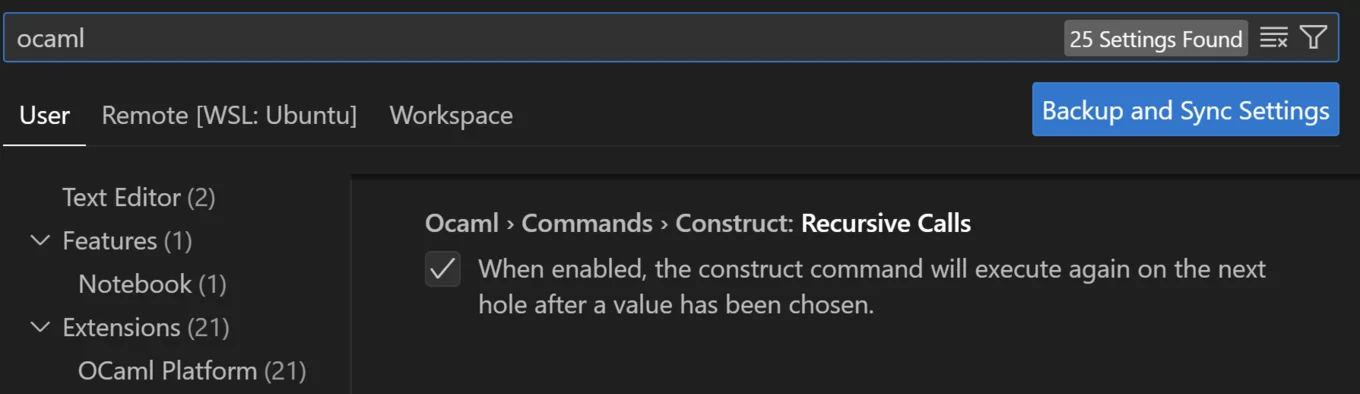 Setting to toggle construct to be conducted for the next typed hole automatically