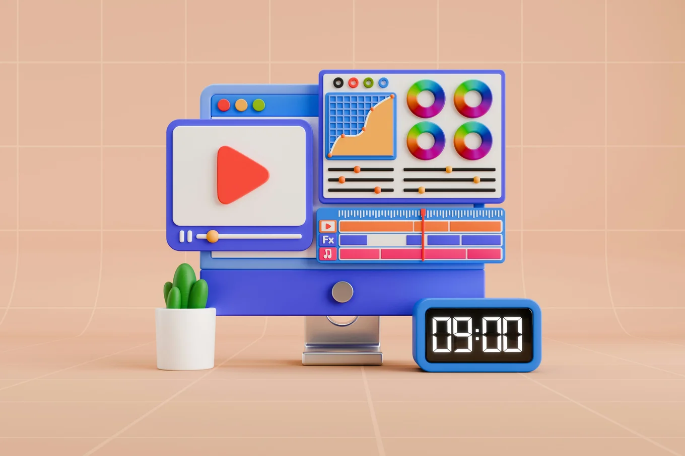 A 3D rendering of a desktop computer monitor in a simple clay-like style, with illustrations of different apps popping up from the screen.