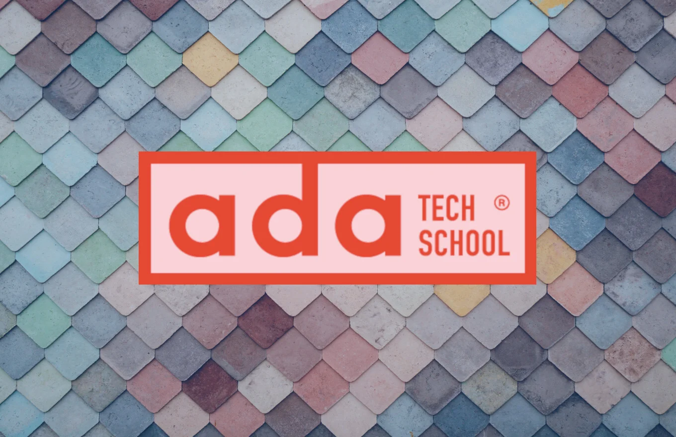 Colorful tile background, "ada TECH SCHOOL" logo.