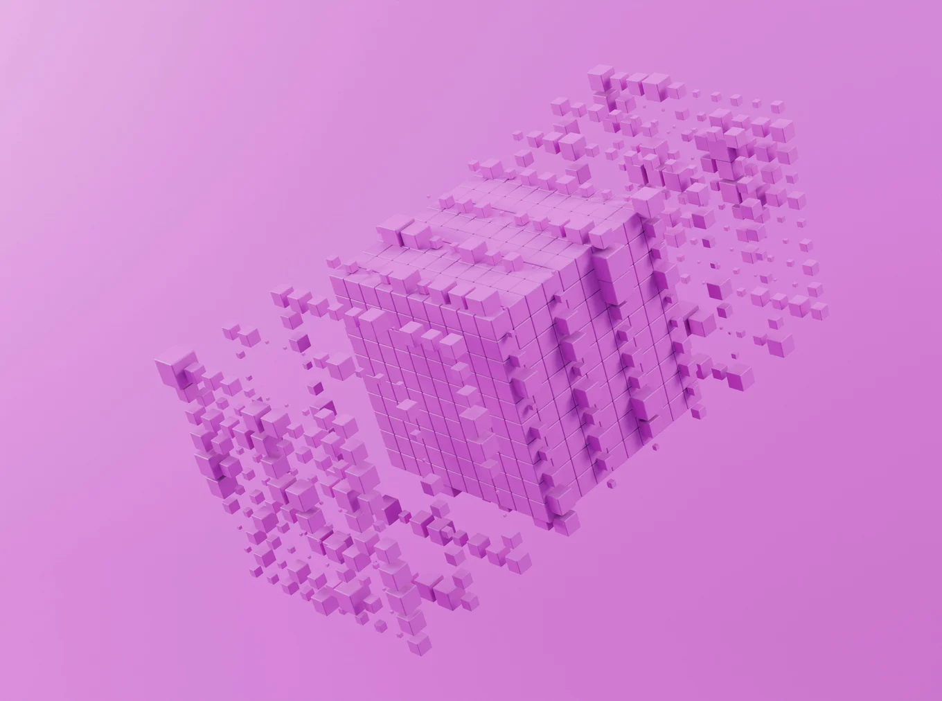 An abstract pink 3D rendering of a cube made up of several small cubes, some of which are spreading out in the space above and below the cube.