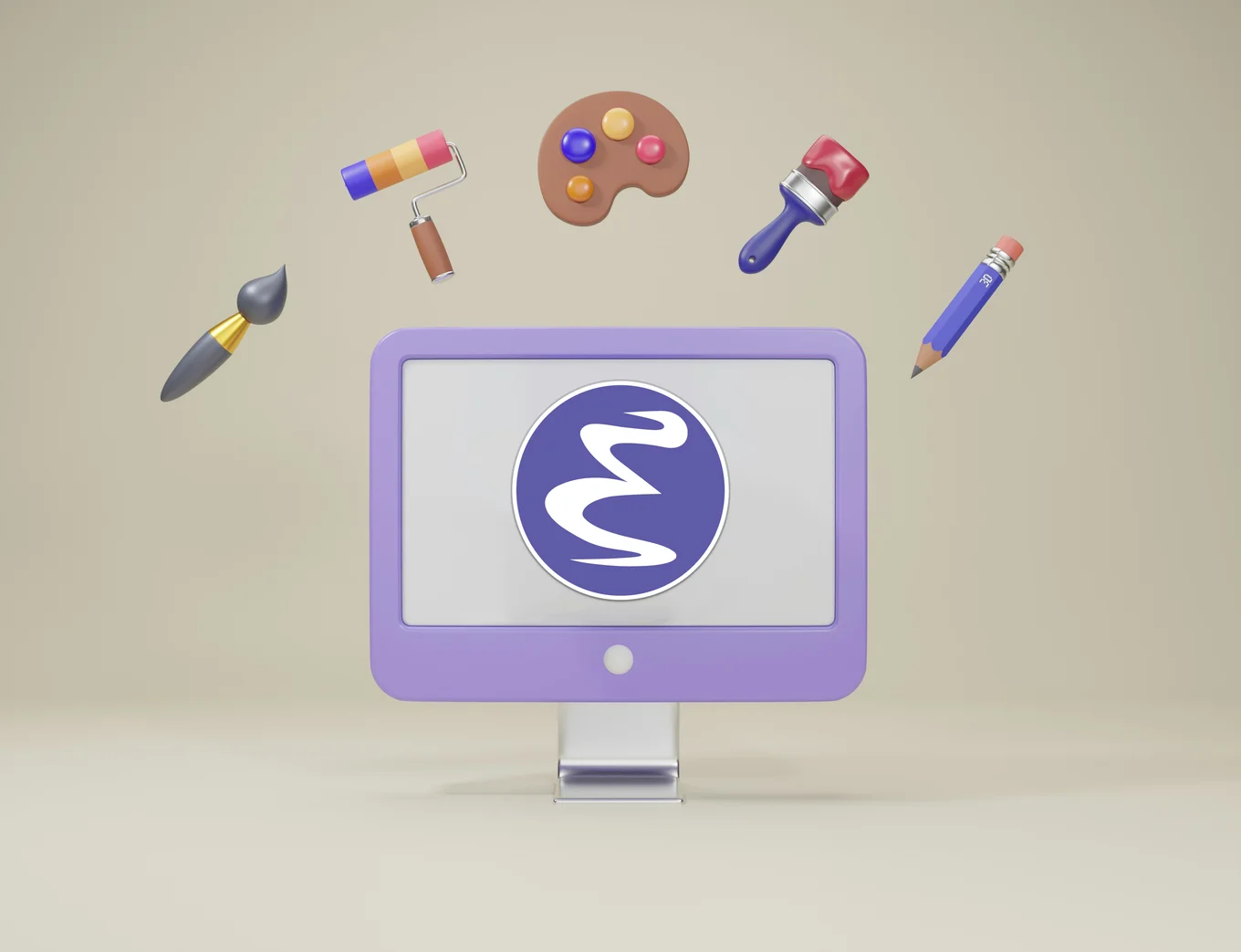  A 3d rendering of a computer monitor with art tools around it including two paintbrushes, a palette, pencil, and paint roller. On the monitor is the Emacs logo, a purple circle with a white swirl. Logo attribution: Nicolas Petton. 