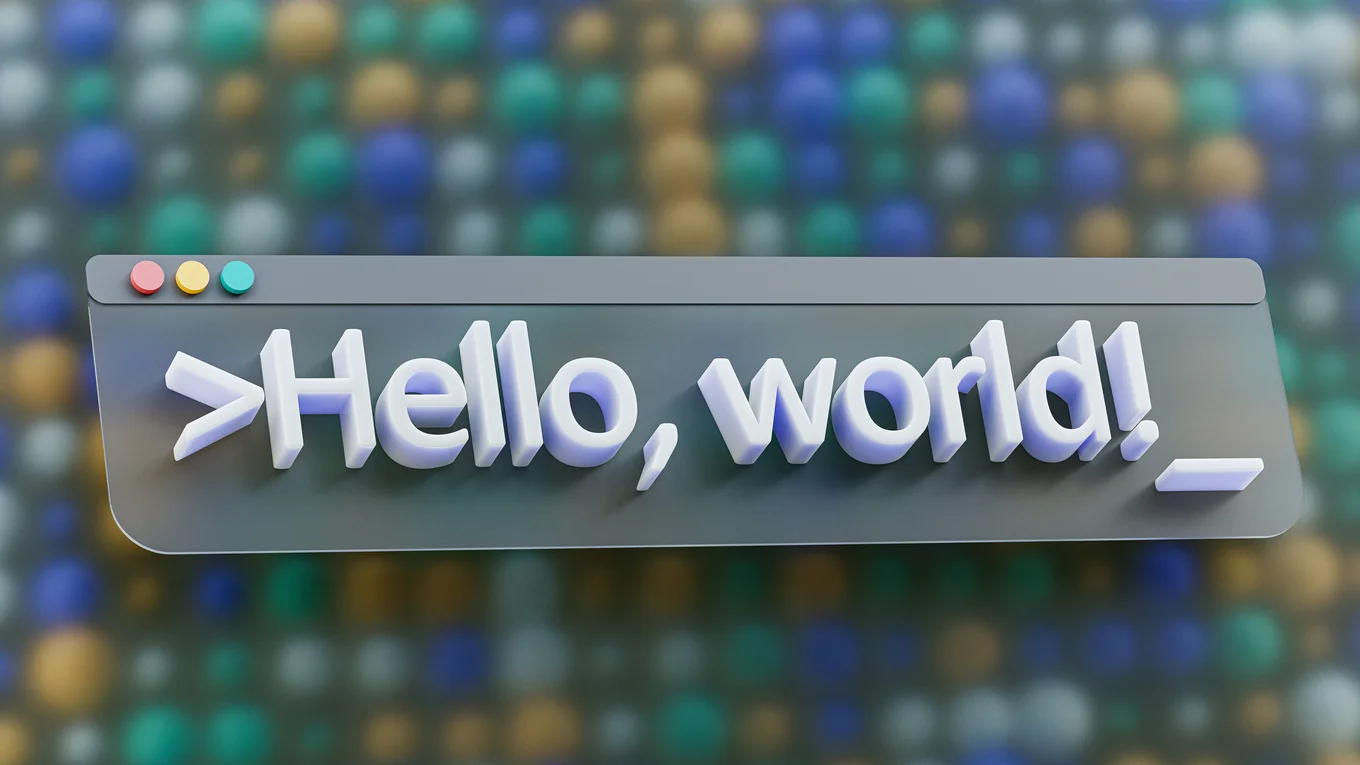 a 3D render of the code snippet 'hello world' on a browser search bar against a multi-coloured background