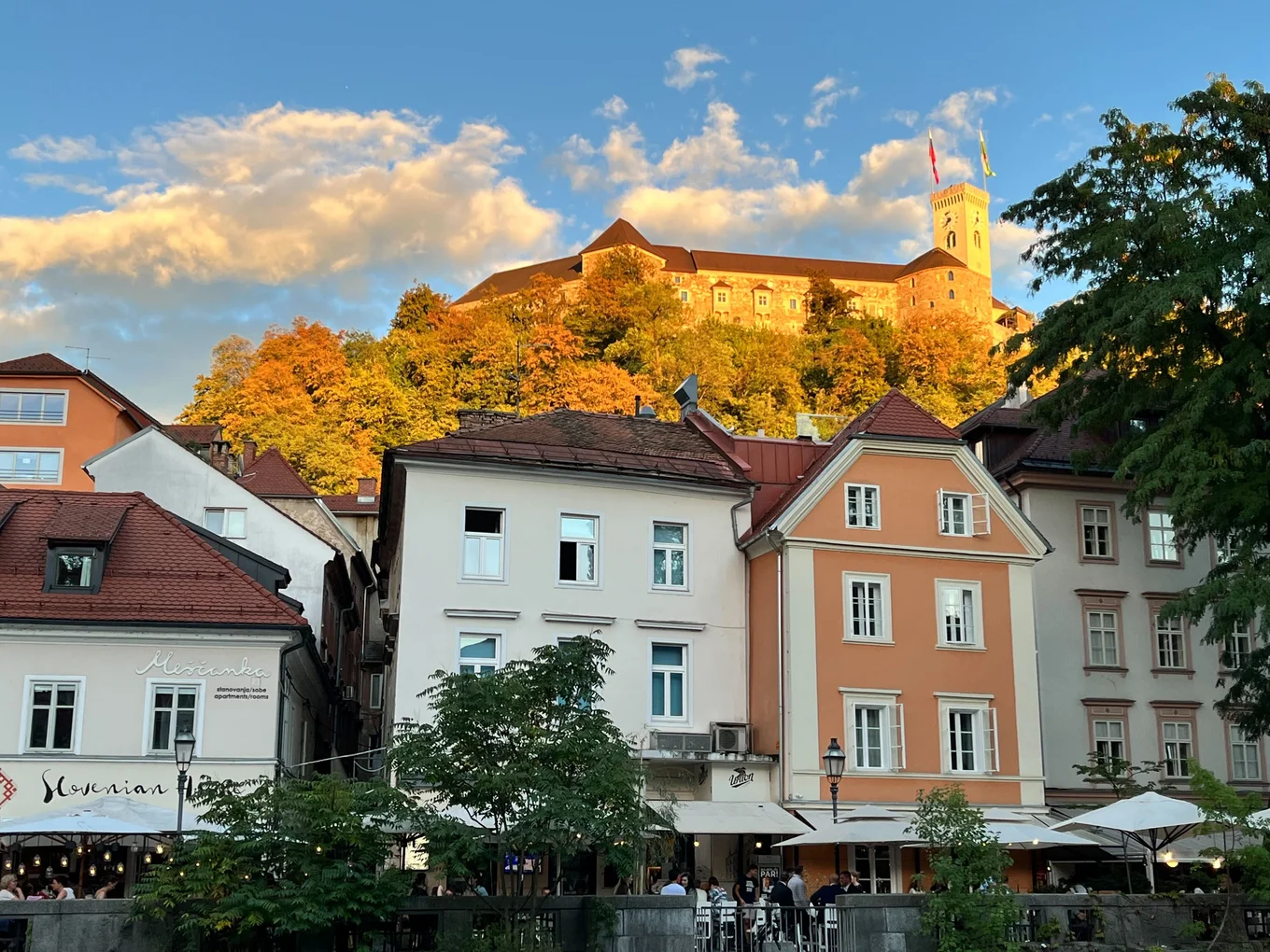 Buildings with red roofs, castle on hill, cloudy sky.