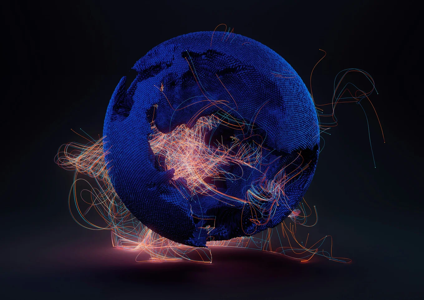 A futuristic computer illustration of a globe made up of blue dots, with neon-coloured lines swirling through the globe and around it against a dark background.