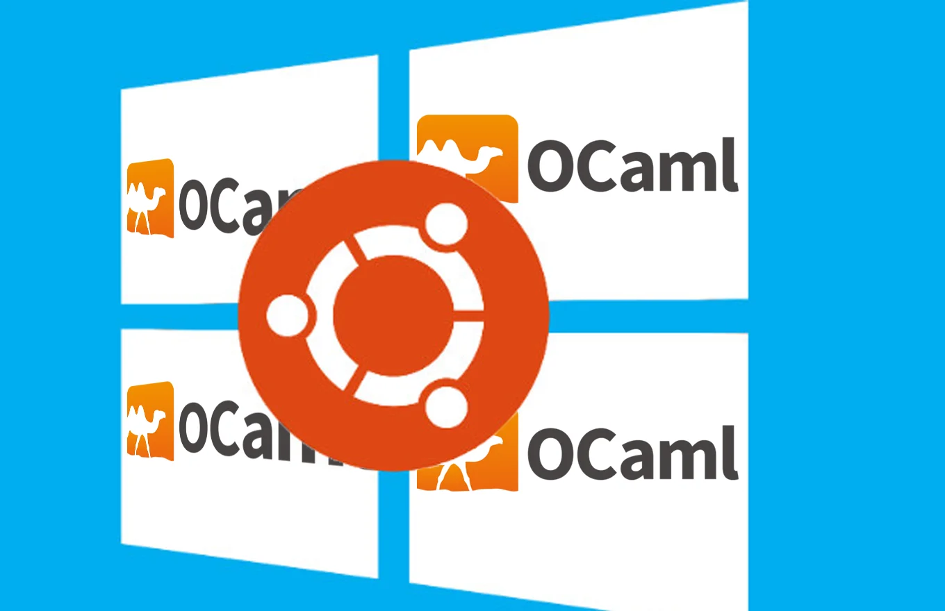 Windows logo background, Ubuntu and OCaml logos overlap.