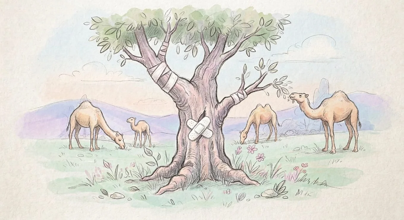 A picture of camels grazing in front of a tree with bandages on it