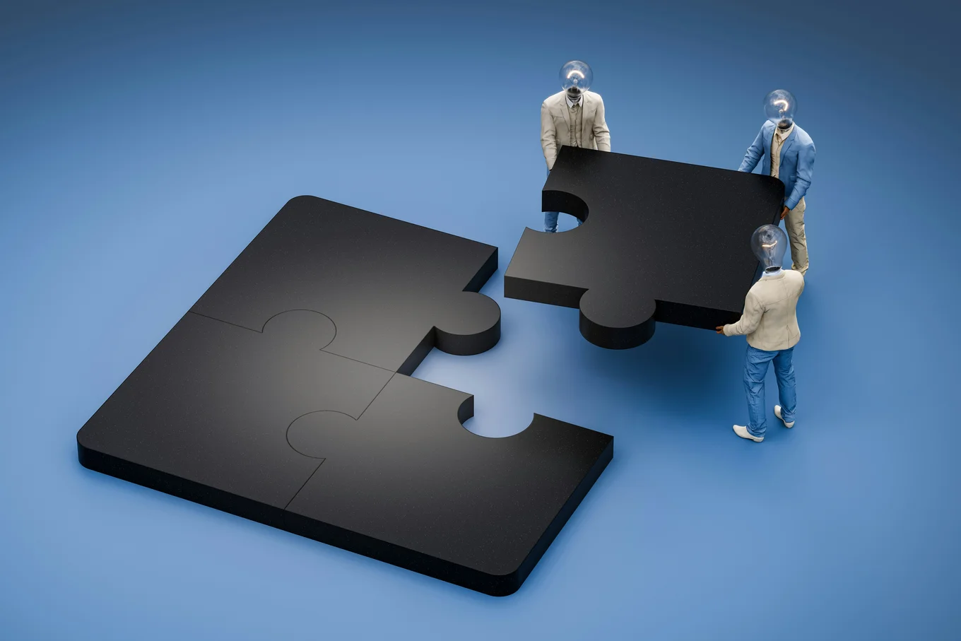 Three small figures with glowing light bulbs for heads carry a large jigsaw piece towards a partly assembled puzzle on a blue background.