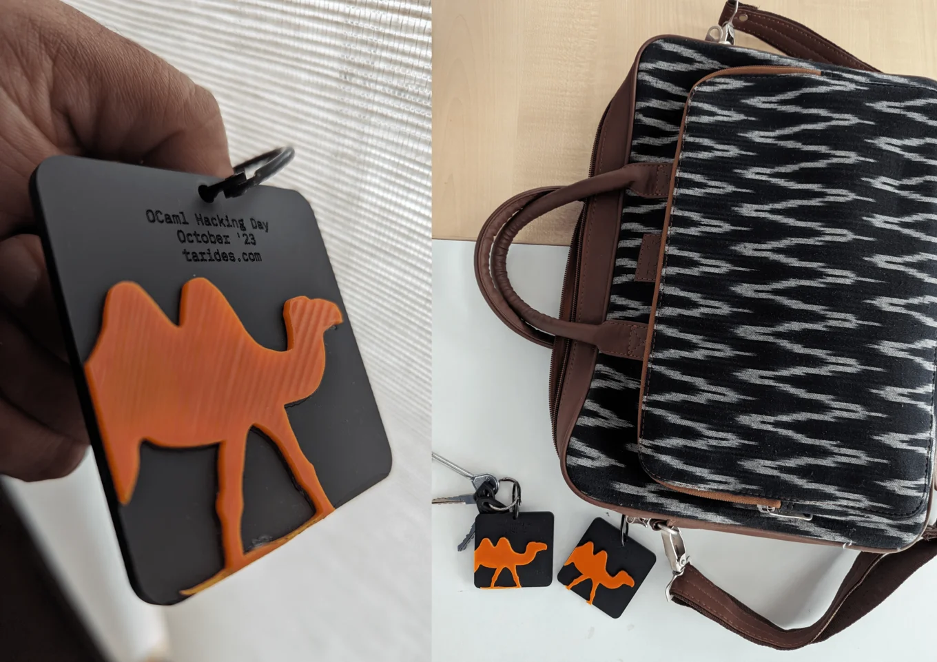 A satchel type back with a black-and-white chevron design and a brown handle and shoulder strap lies on a white table. Attached to the bag is an OCaml keychain,which looks like a black square with the orange OCaml camel silhouette on top. Next to the back is a set of keys which also have the same keychain attached.