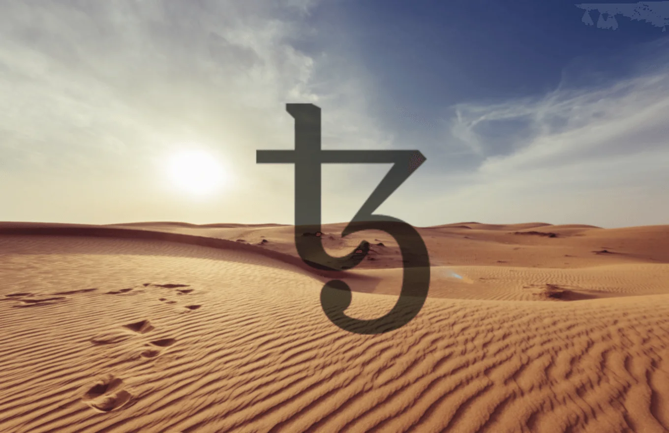 Desert landscape, sun, sky, large Tezos logo overlay.