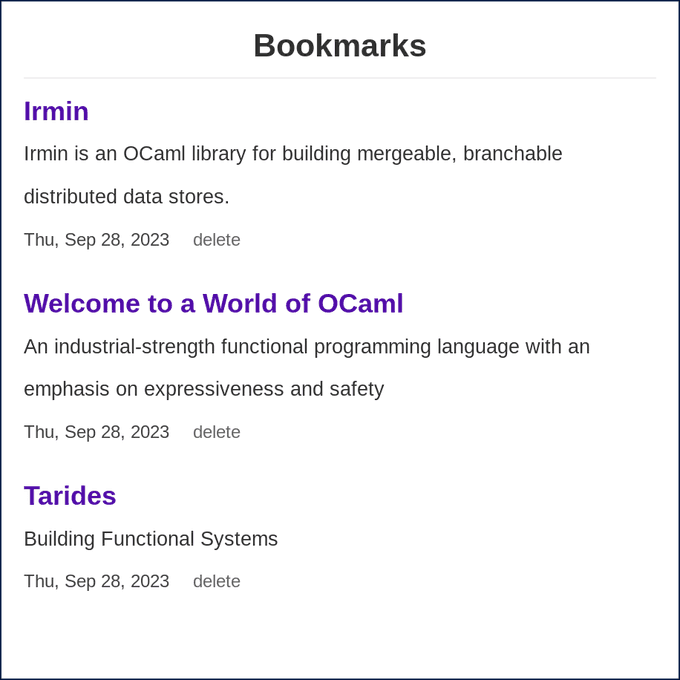 An example list of saved bookmarks, here the bookmarks are: Irmin, OCaml.org, and Tarides.com