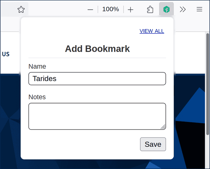 UI for the menu of saving a bookmark in the browser, shows a pop-up card with the option to click 'save' the current webpage to bookmarks. It also lets users name and add notes to the bookmark.